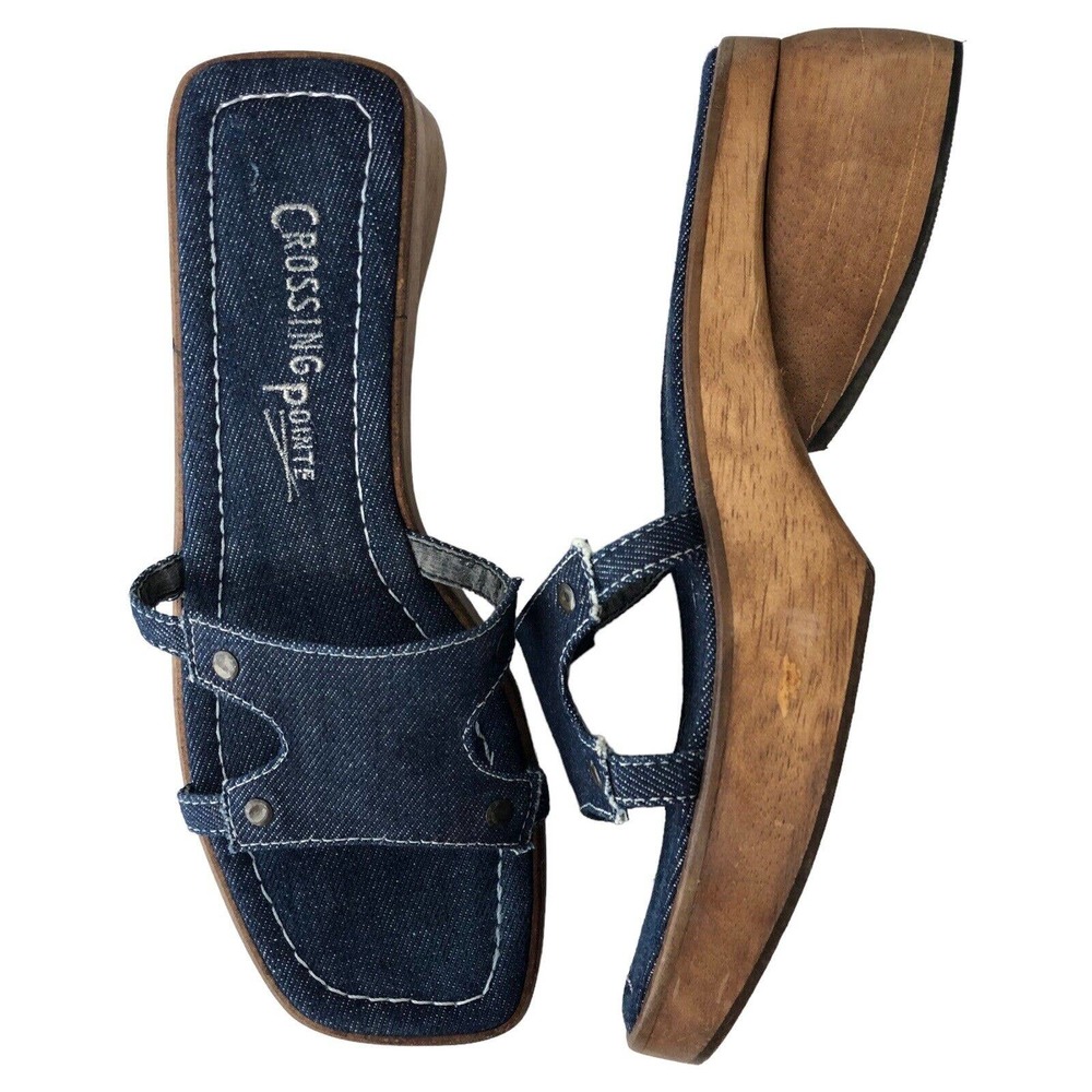 Vintage Y2k Wood Denim Sandals Womens 8 Chunky Slip On Platform Shoes Artsy Boho